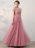 A Line Off the Shoulder Pink Appliques Lace Up Tulle Prom Dresses LBQ1699